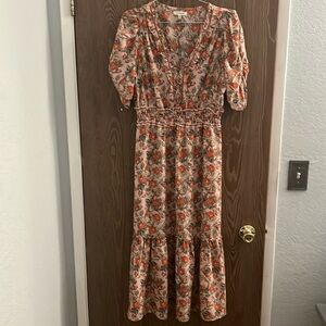 Floral peach color Maxi Dress size L, smoked waist